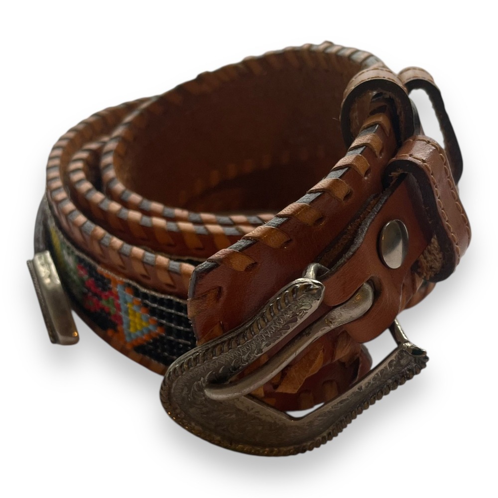 Southwestern Brown Leather Beaded Whipstitch Belt Silver Engraved Buckle Aztec - Picture 2 of 8